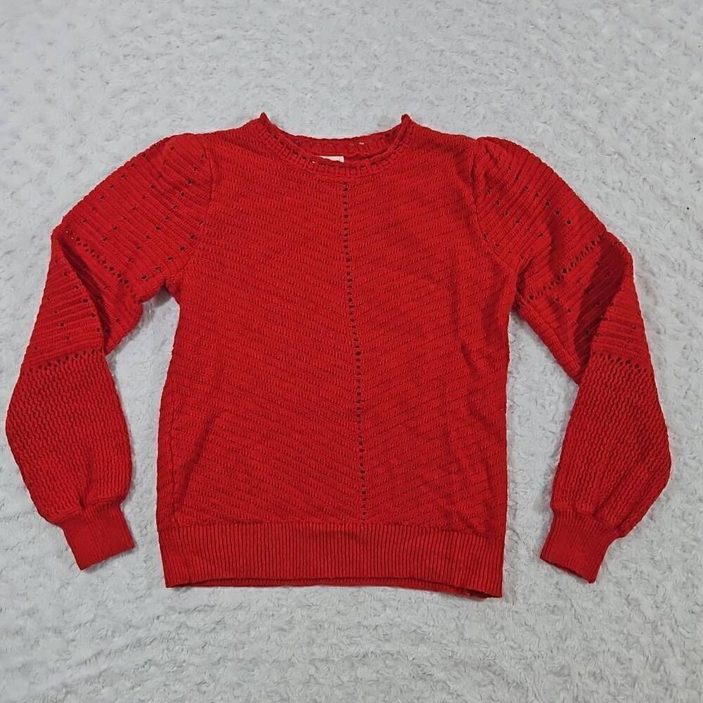 Knox Rose Womens Small Red Pointelle Crewneck Pullover Sweater Crochet Knit
